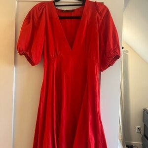 Linen Blend Red Puff Sleeve Dress